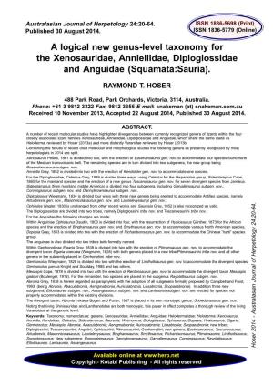A Logical New Genus-Level Taxonomy for the Xenosauridae, Anniellidae, Diploglossidae and Anguidae (Squamata:Sauria)