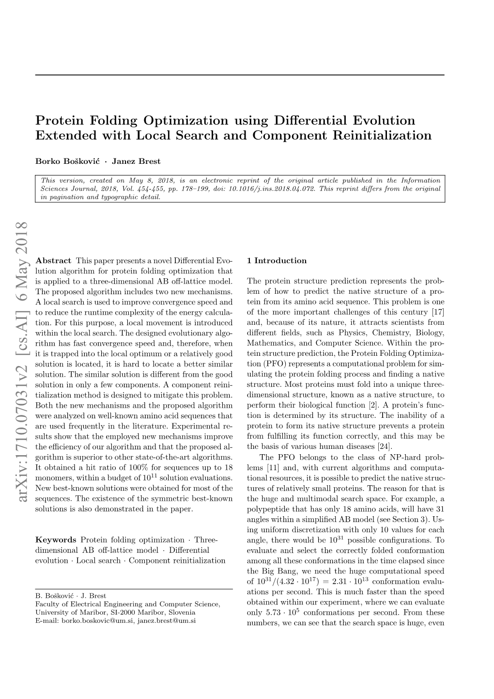 Protein Folding Optimization Using Differential Evolution