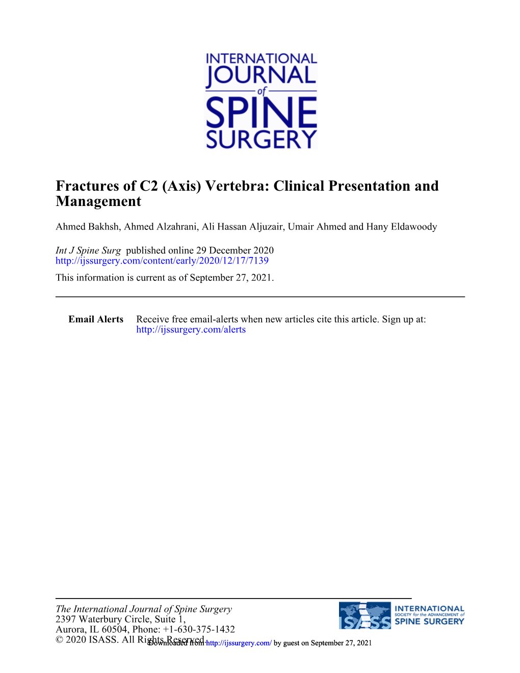 Management Fractures of C2 (Axis) Vertebra: Clinical Presentation