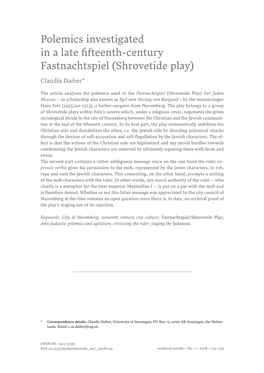 Polemics Investigated in a Late Fifteenth-Century Fastnachtspiel (Shrovetide Play)