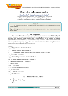 Observations on Icosagonal Number M.A.Gopalan1, Manju Somanath2, K.Geetha3 1