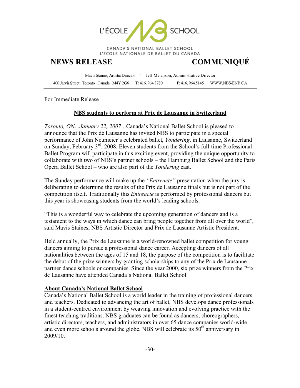 News Release Communiqué