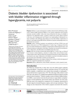 Diabetic Bladder Dysfunction Is Associated with Bladder Inflammation Triggered Through Hyperglycemia, Not Polyuria