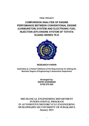 (Carburetor) System and Electronic Fuel Injection (Efi) Engine System of Toyota Kijang Series 7K-E