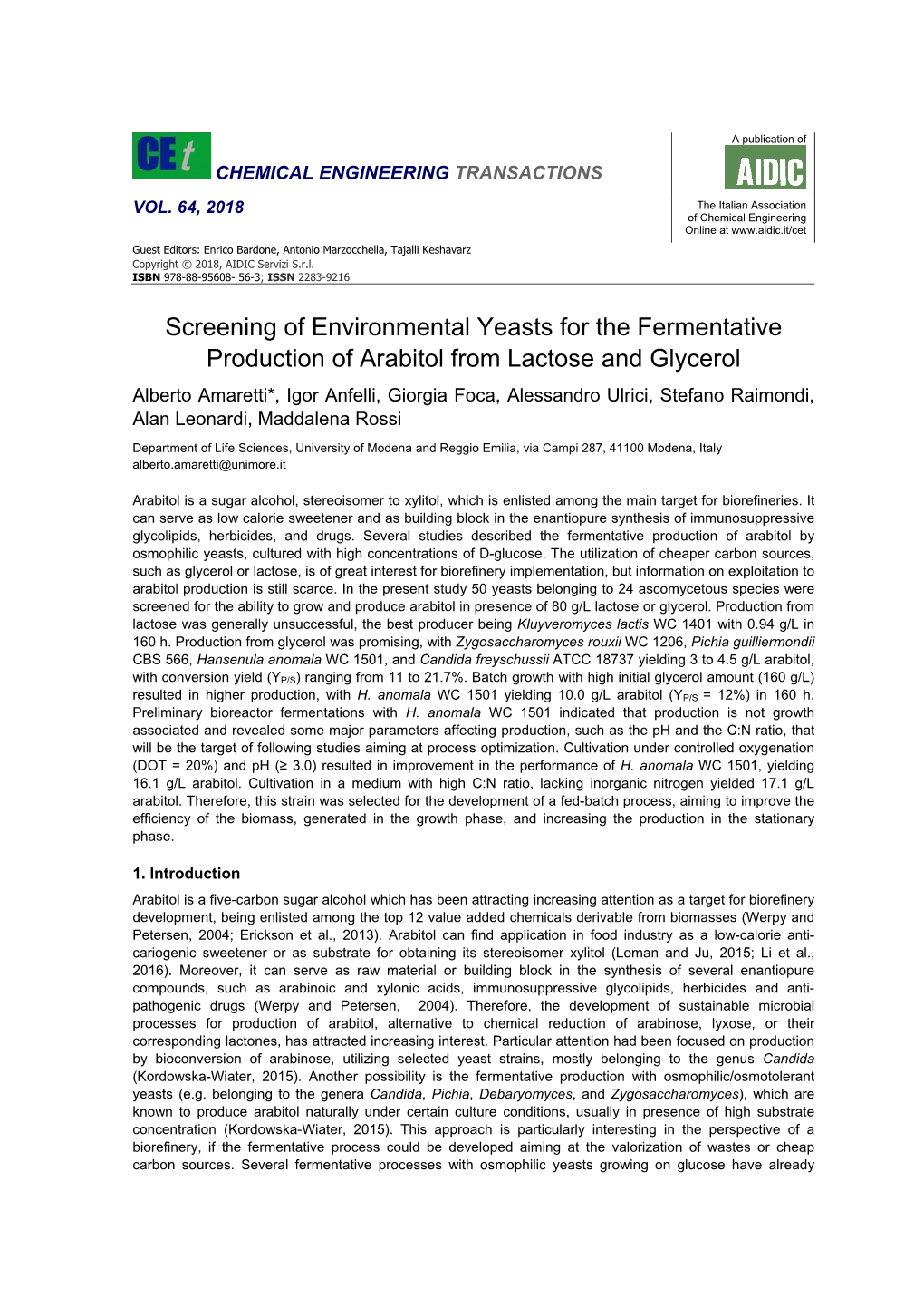 Screening of Environmental Yeasts for the Fermentative Production Of