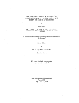 The Canadian Approach to Negligent Misrepresentation: a Critique of the Reliance Model of Liability