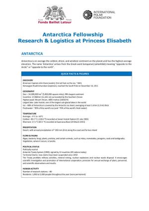 Antarctica Fellowship Research & Logistics at Princess Elisabeth