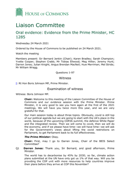 Evidence from the Prime Minister, HC 1285