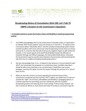 Broadcasting Notice of Consultation 2014-190: Let's Talk TV CMPA's