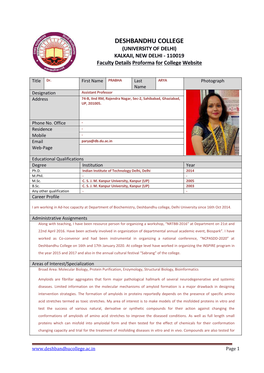 DESHBANDHU COLLEGE (UNIVERSITY of DELHI) KALKAJI, NEW DELHI - 110019 Faculty Details Proforma for College Website