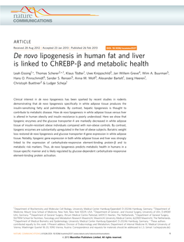 De Novo Lipogenesis in Human Fat and Liver Is Linked to Chrebp-&Beta; and Metabolic Health