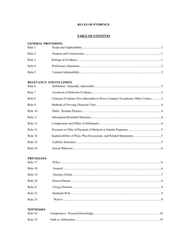Rules of Evidence Table of Contents General