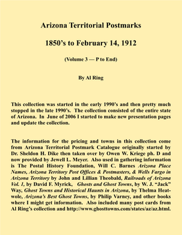 Arizona Territorial Postmarks 1850'S to February