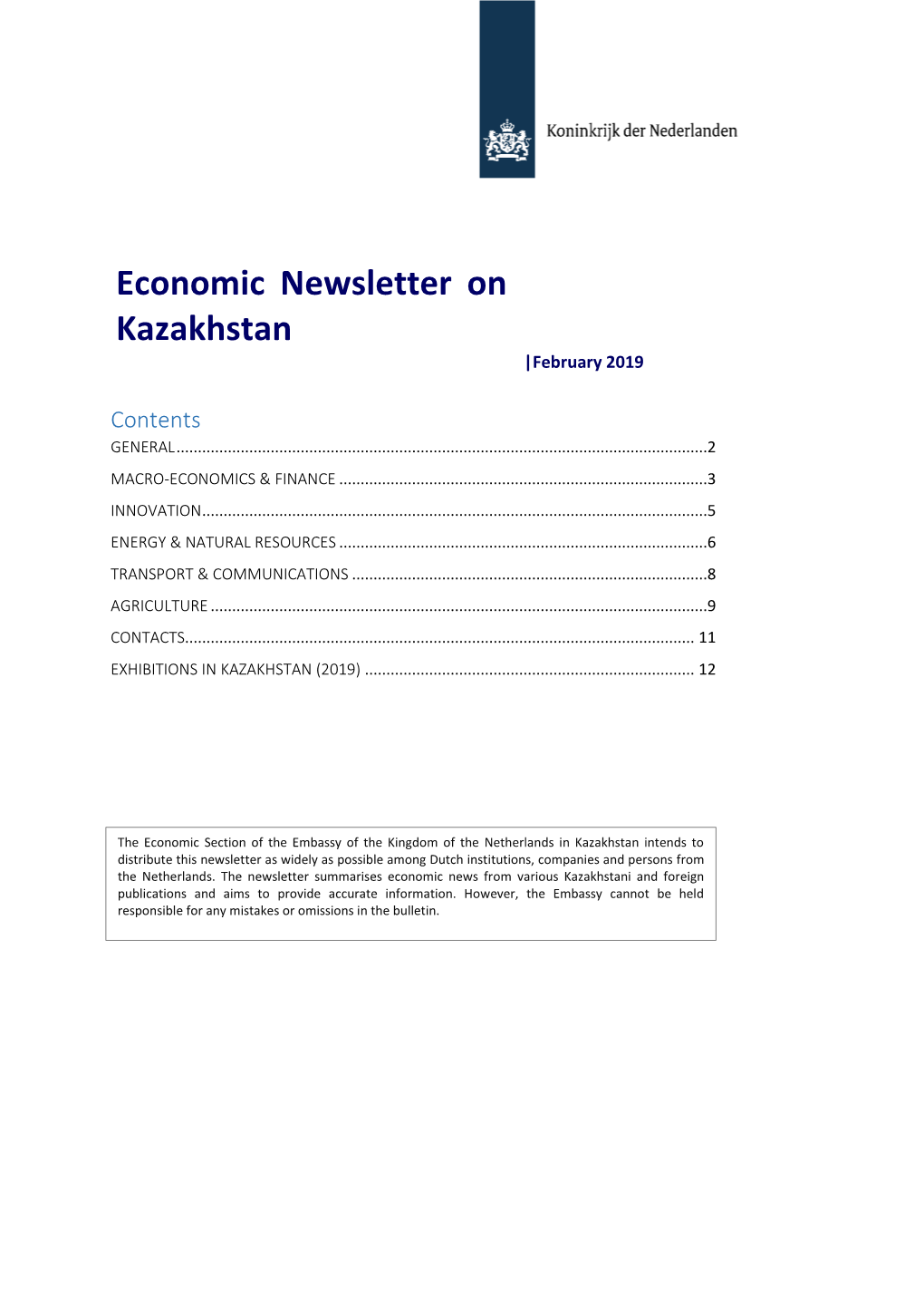 Economic Newsletter on Kazakhstan Appears Every Month and Is Distributed by E-Mail