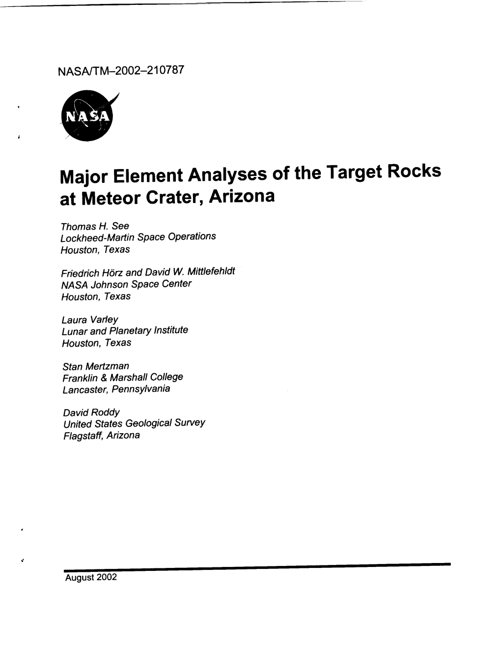 Major Element Analyses of the Target Rocks at Meteor Crater, Arizona