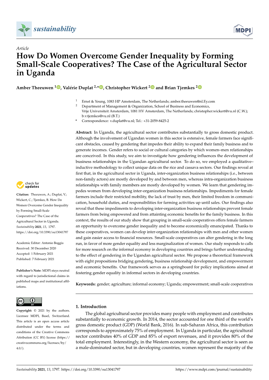 How Do Women Overcome Gender Inequality by Forming Small-Scale Cooperatives? the Case of the Agricultural Sector in Uganda