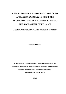 Reserved Sins According to the Cceo and Latae Sententiae Censures According to the Cic in Relation to the Sacrament of Penance