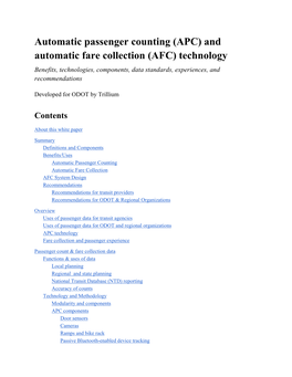 (APC) and Automatic Fare Collection (AFC) Technology Benefits, Technologies, Components, Data Standards, Experiences, and Recommendations