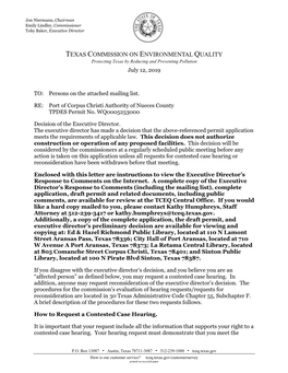 Letter Notifying of Executive Director's Final Decision Regarding Water Quality Permit Application
