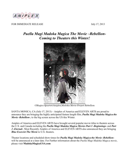 Puella Magi Madoka Magica the Movie –Rebellion- Coming to Theaters This Winter!