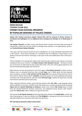 Sydney Film Festival Presents by Popular Demand at Palace Cinema
