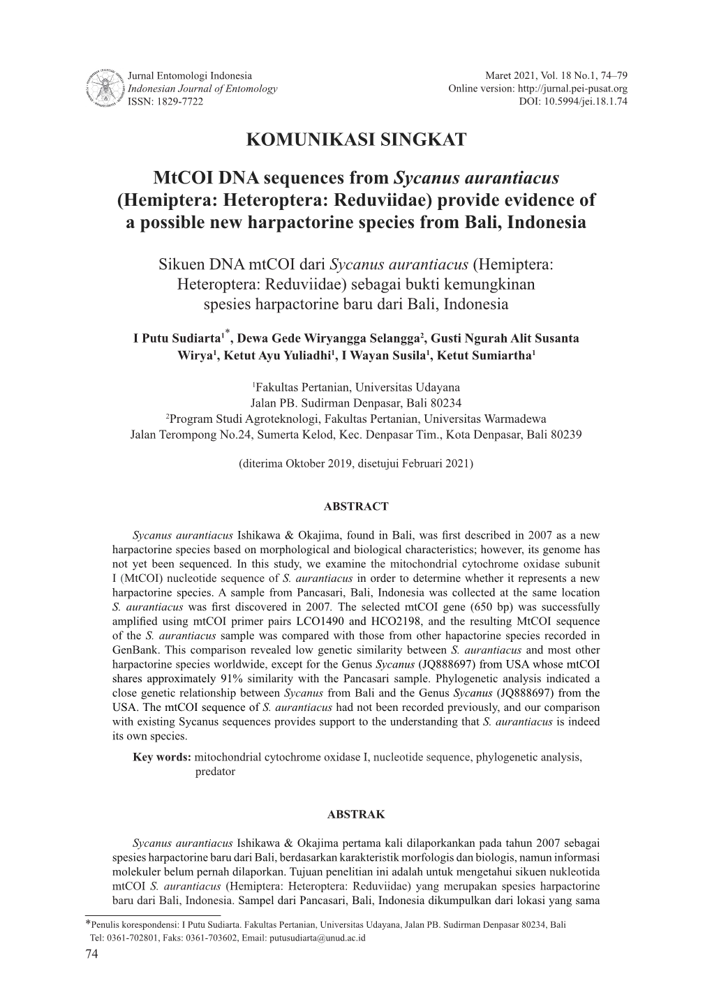 KOMUNIKASI SINGKAT Mtcoi DNA Sequences from Sycanus Aurantiacus