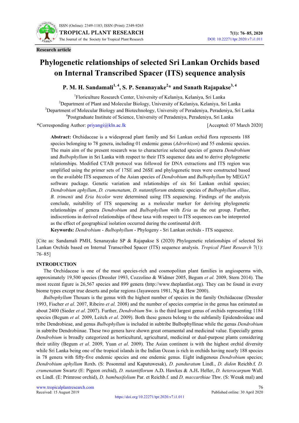 Phylogenetic Relationships of Selected Sri Lankan Orchids Based on Internal Transcribed Spacer (ITS) Sequence Analysis