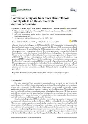 Conversion of Xylose from Birch Hemicellulose Hydrolysate to 2,3-Butanediol with Bacillus Vallismortis