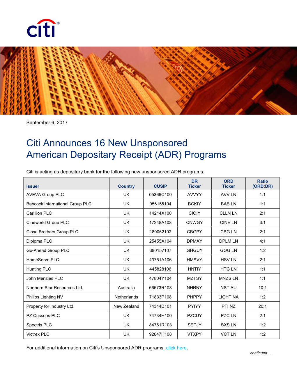 Citi Announces 16 New Unsponsored American Depositary Receipt (ADR) Programs