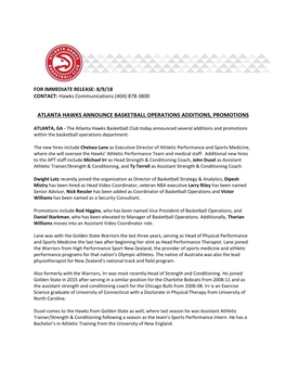 Atlanta Hawks Announce Basketball Operations Additions, Promotions