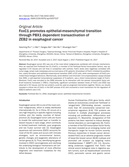 Original Article Foxc1 Promotes Epithelial-Mesenchymal Transition Through PBX1 Dependent Transactivation of ZEB2 in Esophageal Cancer