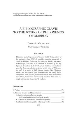 A Biblographic Clavis to the Works of Philoxenos of Mabbug