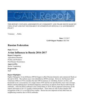 Avian Influenza in Russia 2016-2017 Russian Federation