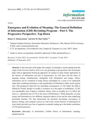 Emergence and Evolution of Meaning: the General Definition of Information (GDI) Revisiting Program—Part I: the Progressive Perspective: Top-Down