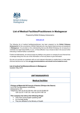 List of Medical Facilities/Practitioners in Madagascar