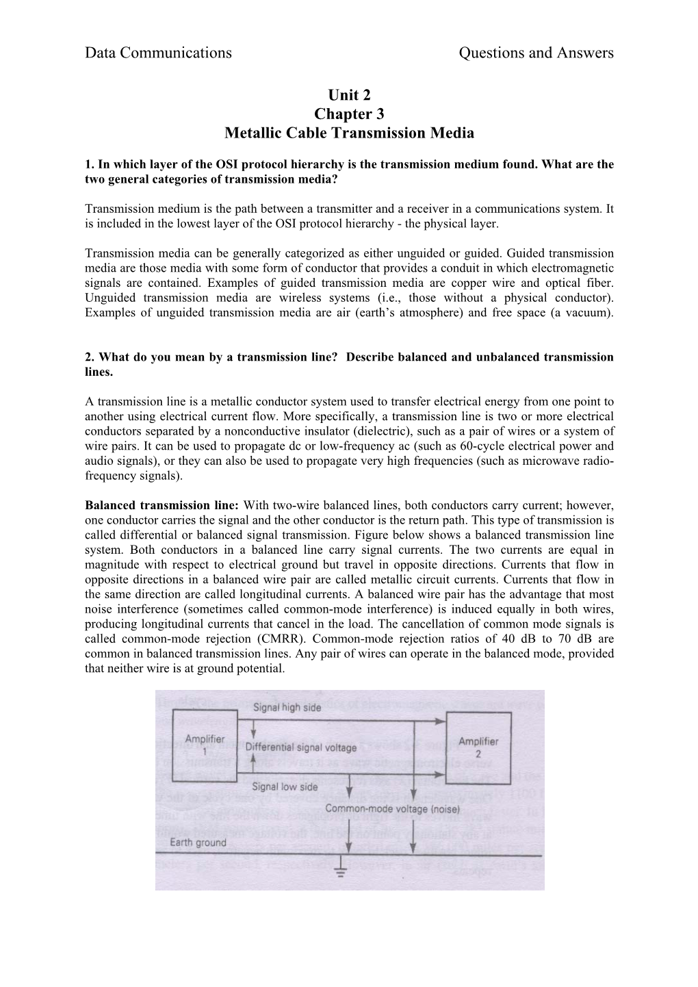 Data Communications Questions and Answers Unit 2 Chapter 3 Metallic