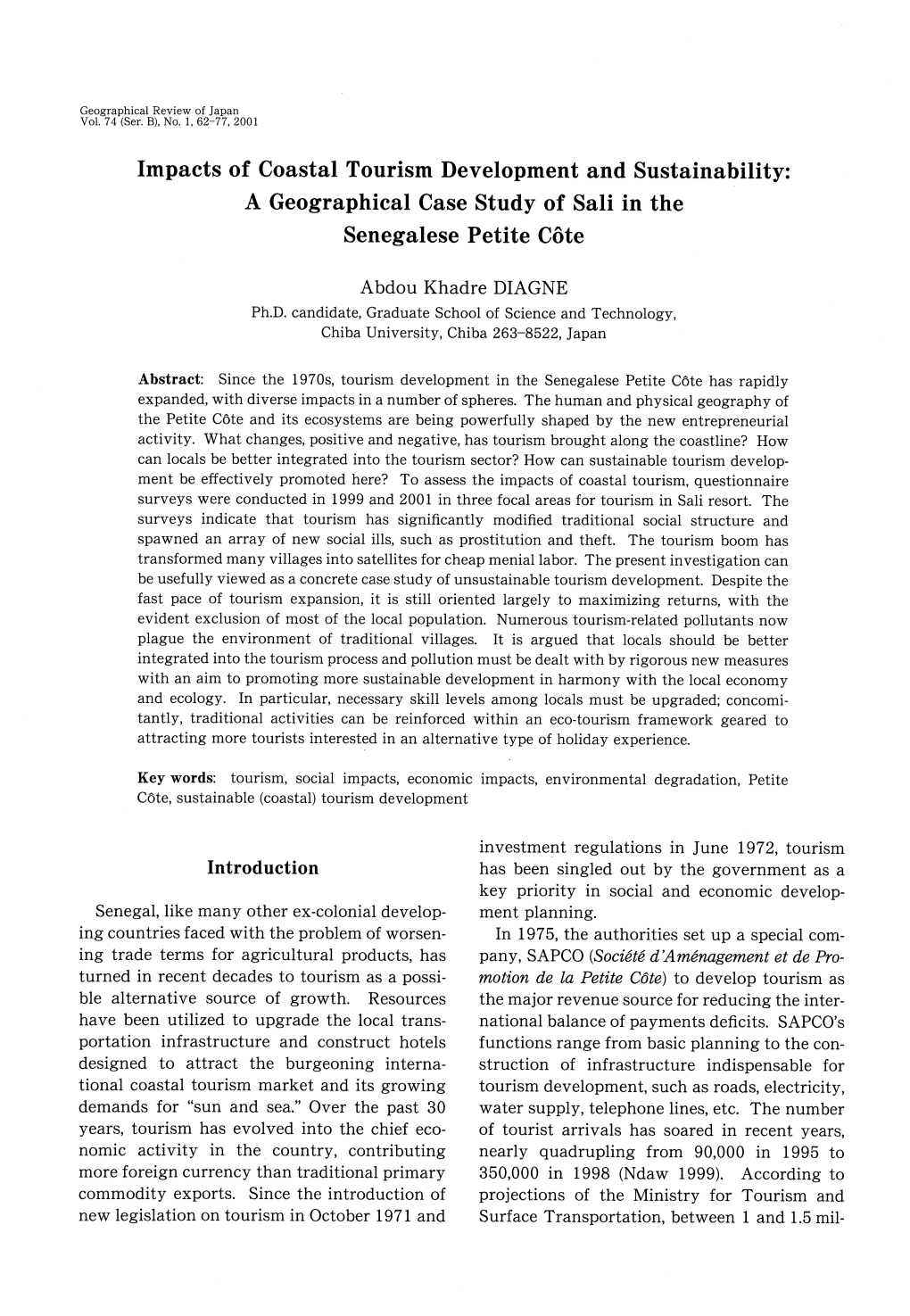 Impacts of Coastal Tourism Development and Sustainability: a Geographical Case Study of Sali in the Senegalese Petite Cote