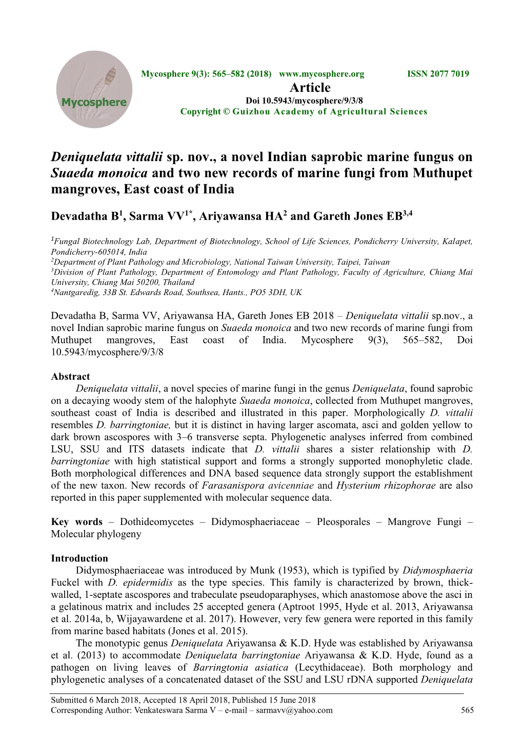 Deniquelata Vittalii Sp. Nov., a Novel Indian Saprobic Marine Fungus On