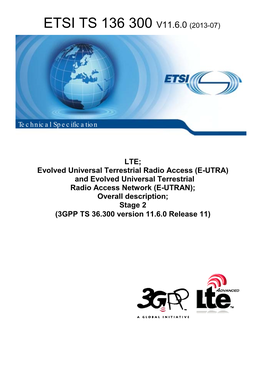 E-UTRA) and Evolved Universal Terrestrial Radio Access Network (E-UTRAN); Overall Description; Stage 2 (3GPP TS 36.300 Version 11.6.0 Release 11