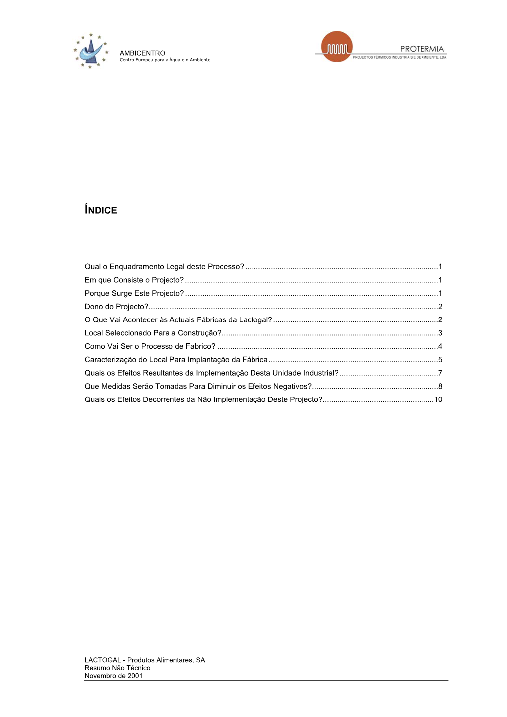 Resumo Não Técnico Novembro De 2001 AMBICENTRO Centro Europeu Para a Água E O Ambiente