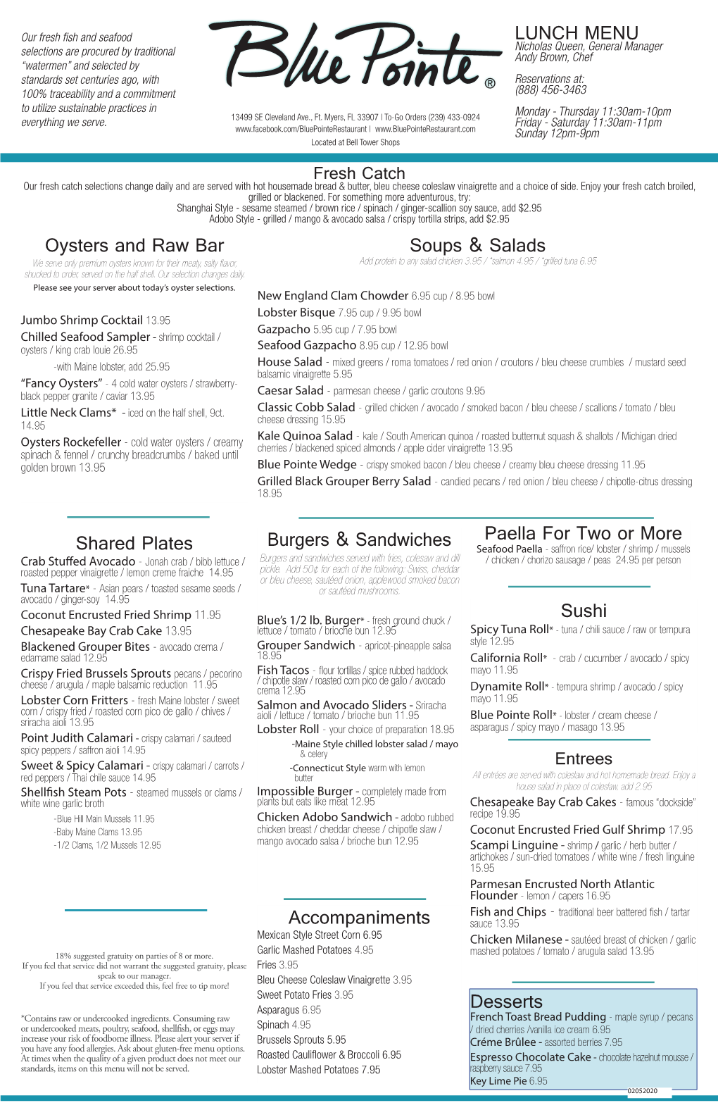 LUNCH MENU Sushi Oysters and Raw Bar Burgers & Sandwiches