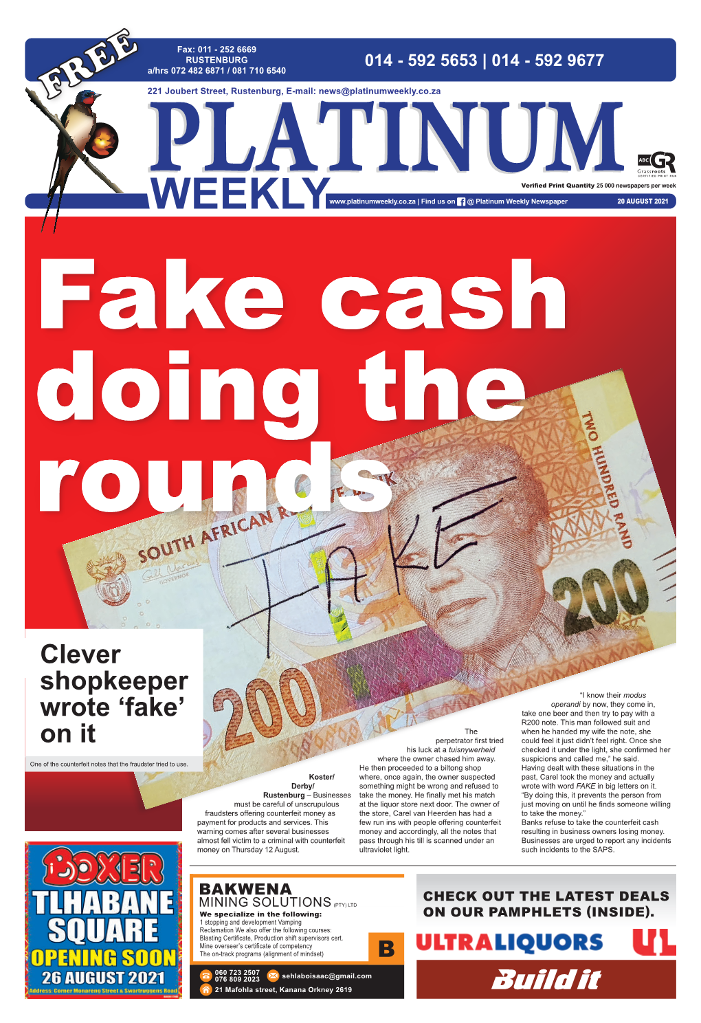 Platinum Weekly Newspaper 20 AUGUST 2021 Fake Cash Doing the Rounds