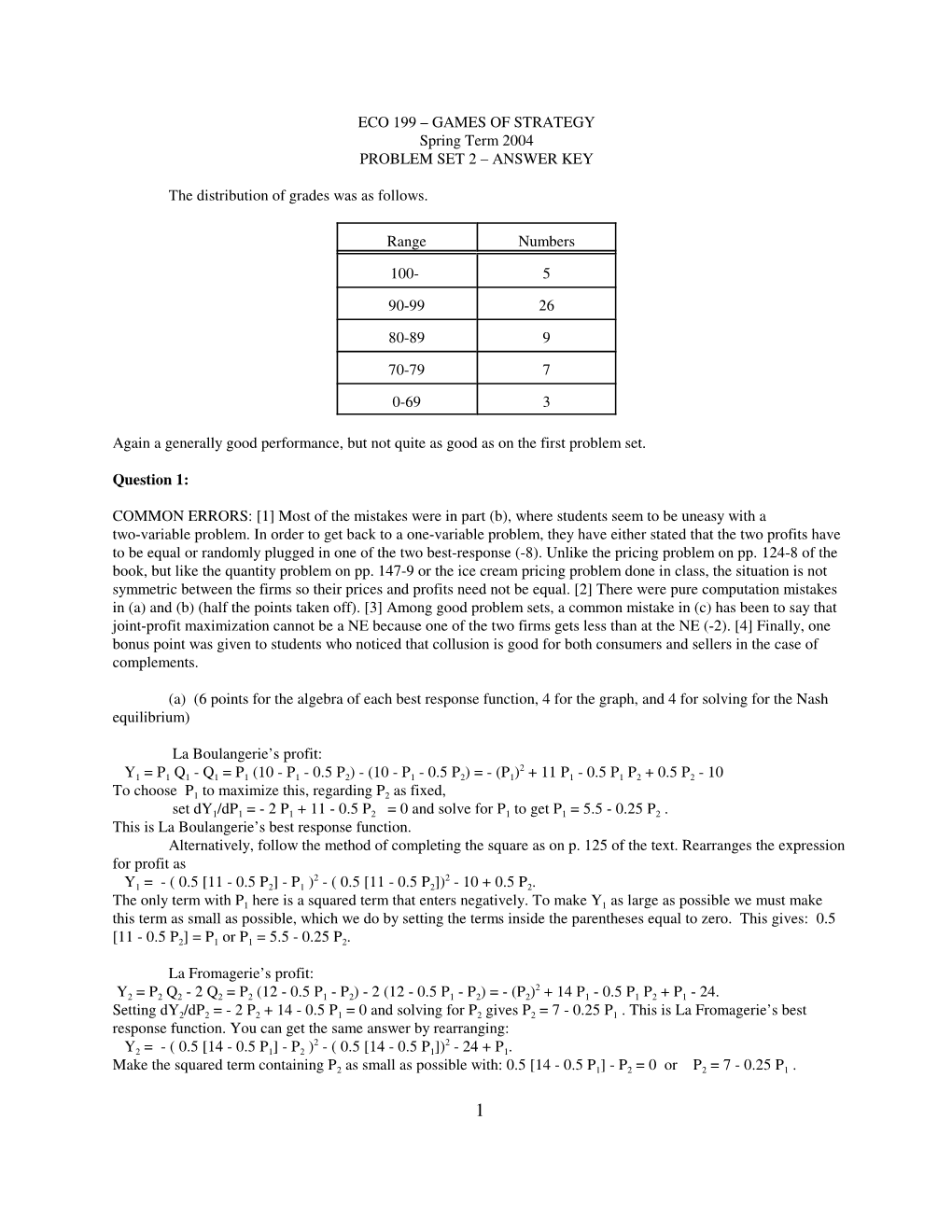 GAMES of STRATEGY Spring Term 2004 PROBLEM SET 2 – ANSWER KEY