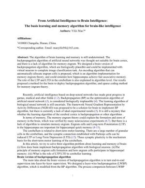 From Artificial Intelligence to Brain Intelligence: the Basis Learning and Memory Algorithm for Brain-Like Intelligence Authors: Yifei Mao1*