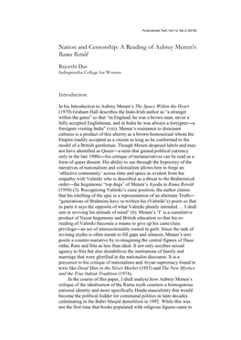 Nation and Censorship: a Reading of Aubrey Menen's Rama Retold