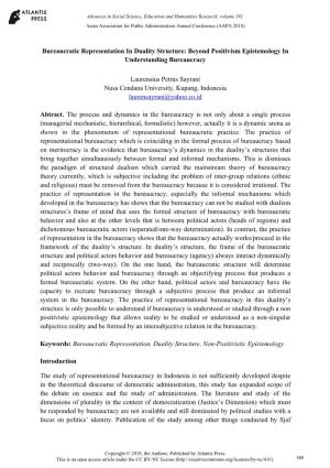 Bureaucratic Representation in Duality Structure: Beyond Positivism Epistemology in Understanding Bureaucracy