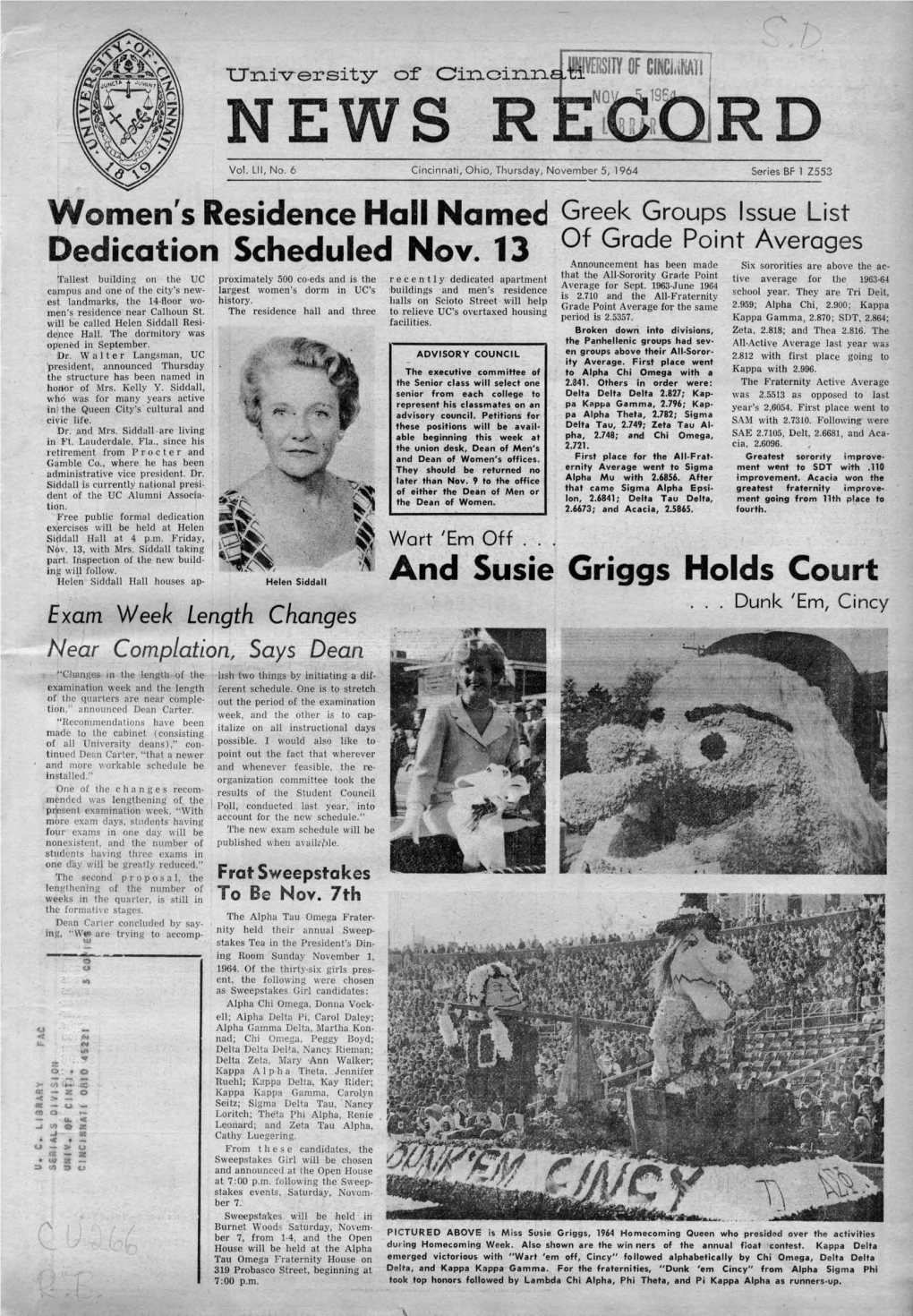 University of Cincinnati News Record. Thursday, November 5, 1964. Vol