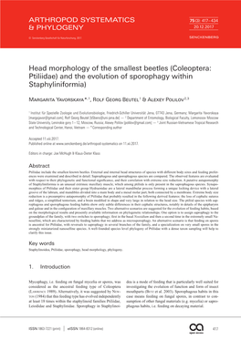 Head Morphology of the Smallest Beetles (Coleoptera: Ptiliidae) and the Evolution of Sporophagy Within Staphyliniformia)