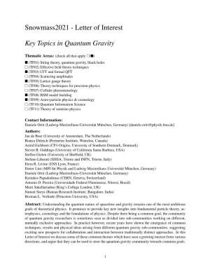 Letter of Interest Key Topics in Quantum Gravity