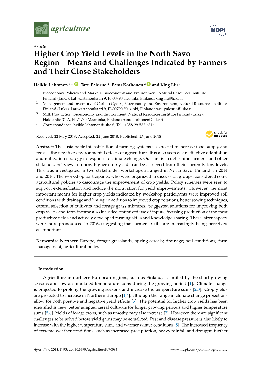 Higher Crop Yield Levels in the North Savo Region—Means and Challenges Indicated by Farmers and Their Close Stakeholders